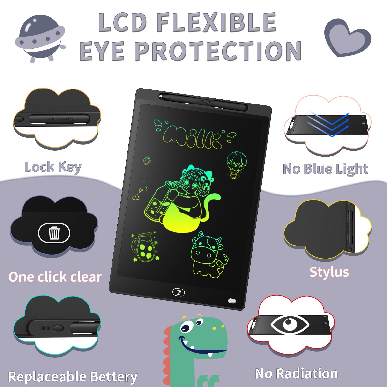 Genialba 21,6 cm LCD-Schreibtablett - farbenfrohes Display, Zeichenbrett für 2-7 Jahre alte Jungen & Mädchen - pädagogisches Spielzeug, Geschenke für Geburtstag & Weihnachten (Schwarz) - Image 7