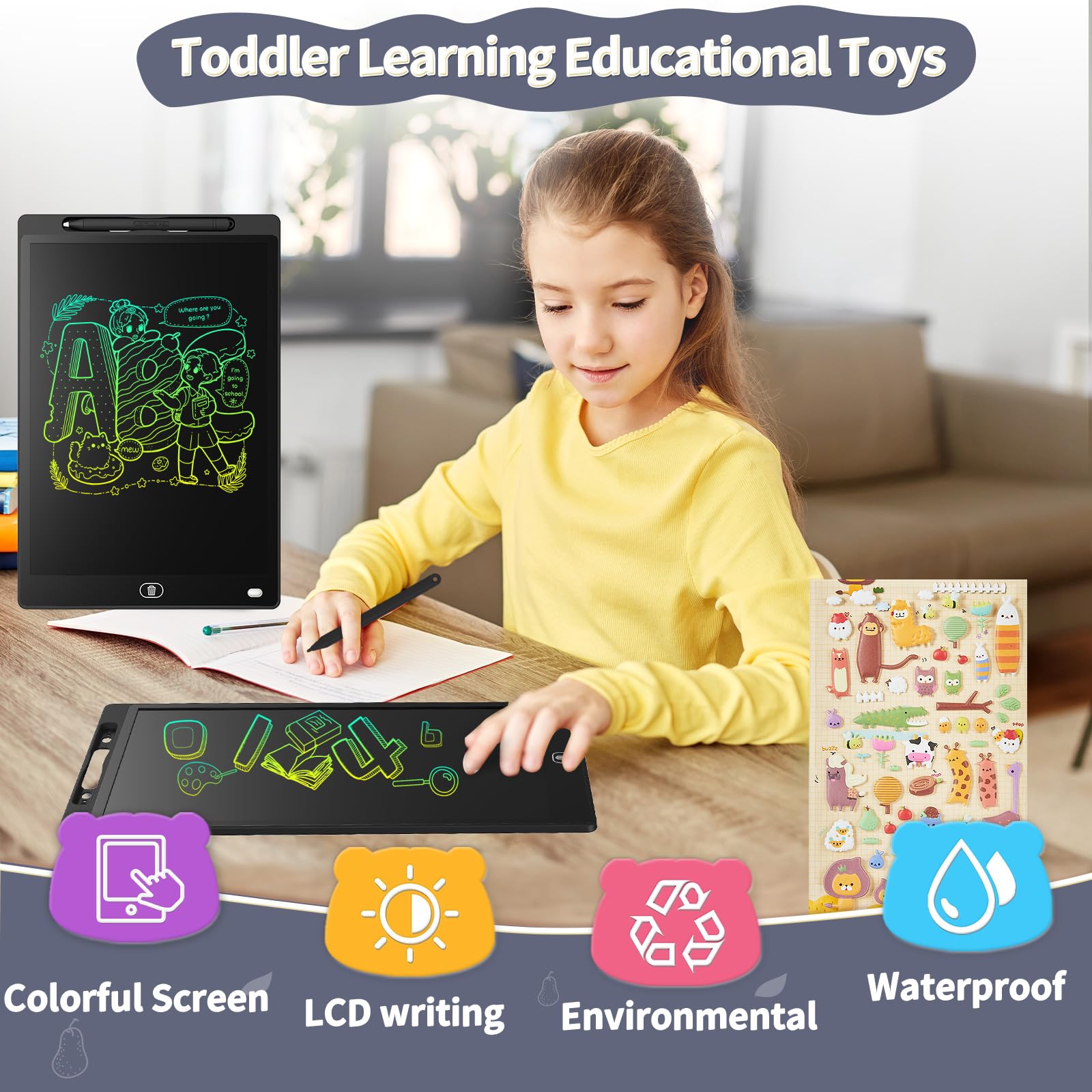 Genialba 21,6 cm LCD-Schreibtablett - farbenfrohes Display, Zeichenbrett für 2-7 Jahre alte Jungen & Mädchen - pädagogisches Spielzeug, Geschenke für Geburtstag & Weihnachten (Schwarz) - Image 6