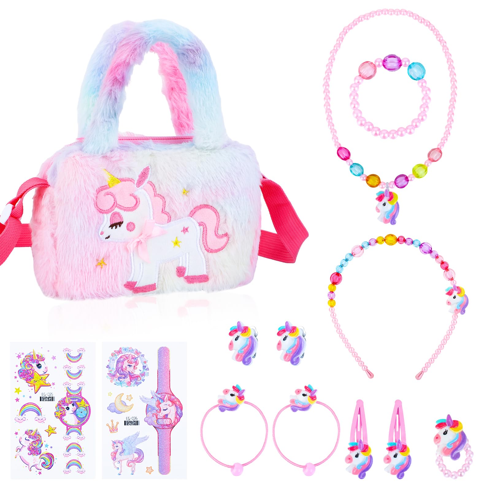 Apricitie Einhorn Handtasche - Geschenkset mit Schmuck für Mädchen (3-7 Jahre) - Einhorn Kinderschmuck: Halskette, Armband, Ring, Haarspange