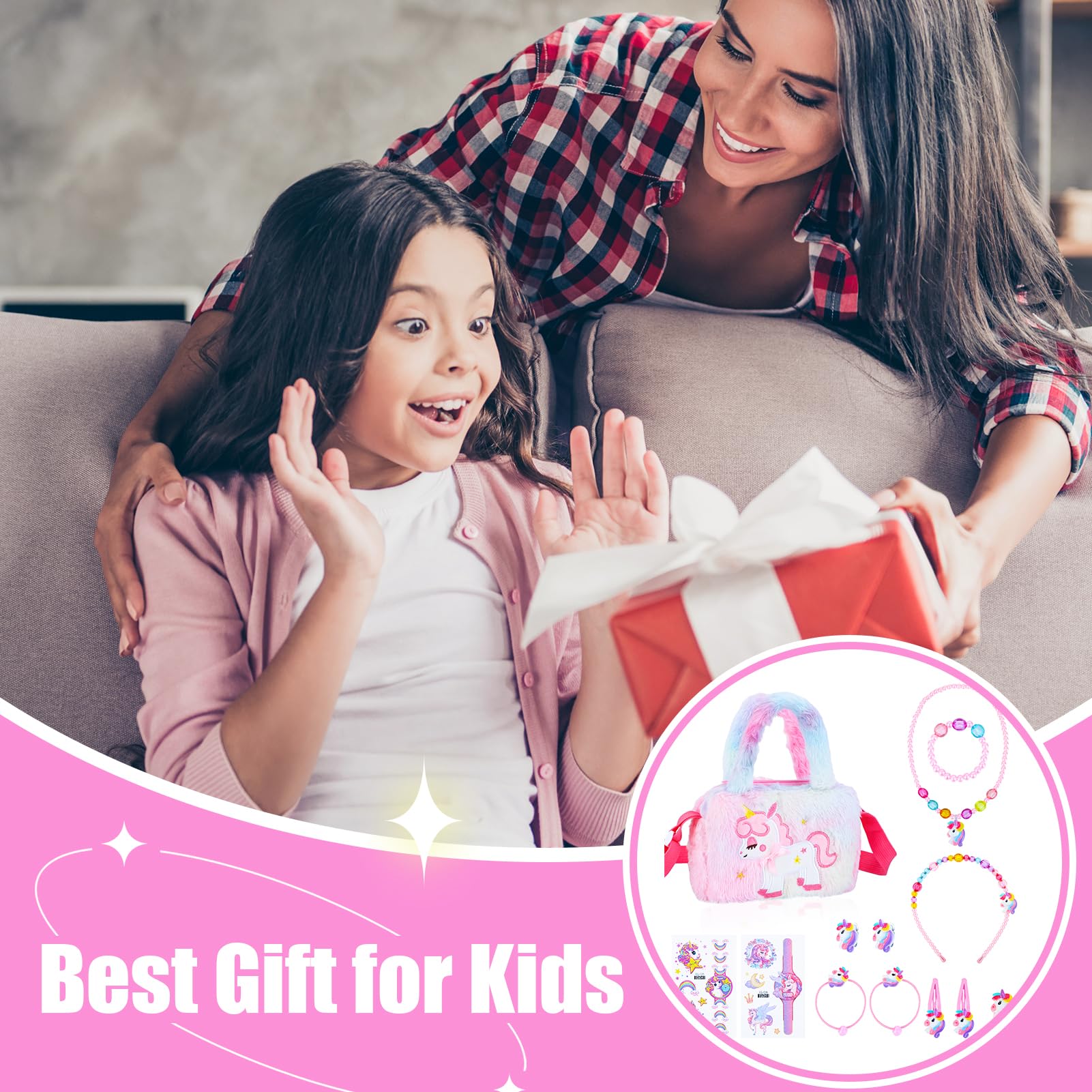 Apricitie Einhorn Handtasche - Geschenkset mit Schmuck für Mädchen (3-7 Jahre) - Einhorn Kinderschmuck: Halskette, Armband, Ring, Haarspange - Image 3