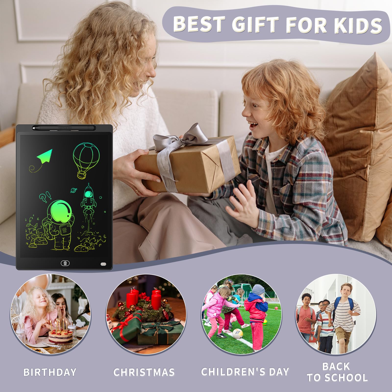 Genialba 21,6 cm LCD-Schreibtablett - farbenfrohes Display, Zeichenbrett für 2-7 Jahre alte Jungen & Mädchen - pädagogisches Spielzeug, Geschenke für Geburtstag & Weihnachten (Schwarz) - Image 2